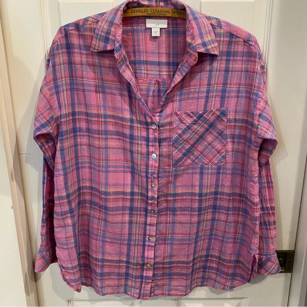 J Jill Two Piece Set Pink Plaid Button Up Top Linen Pull On Wide Leg Pants S